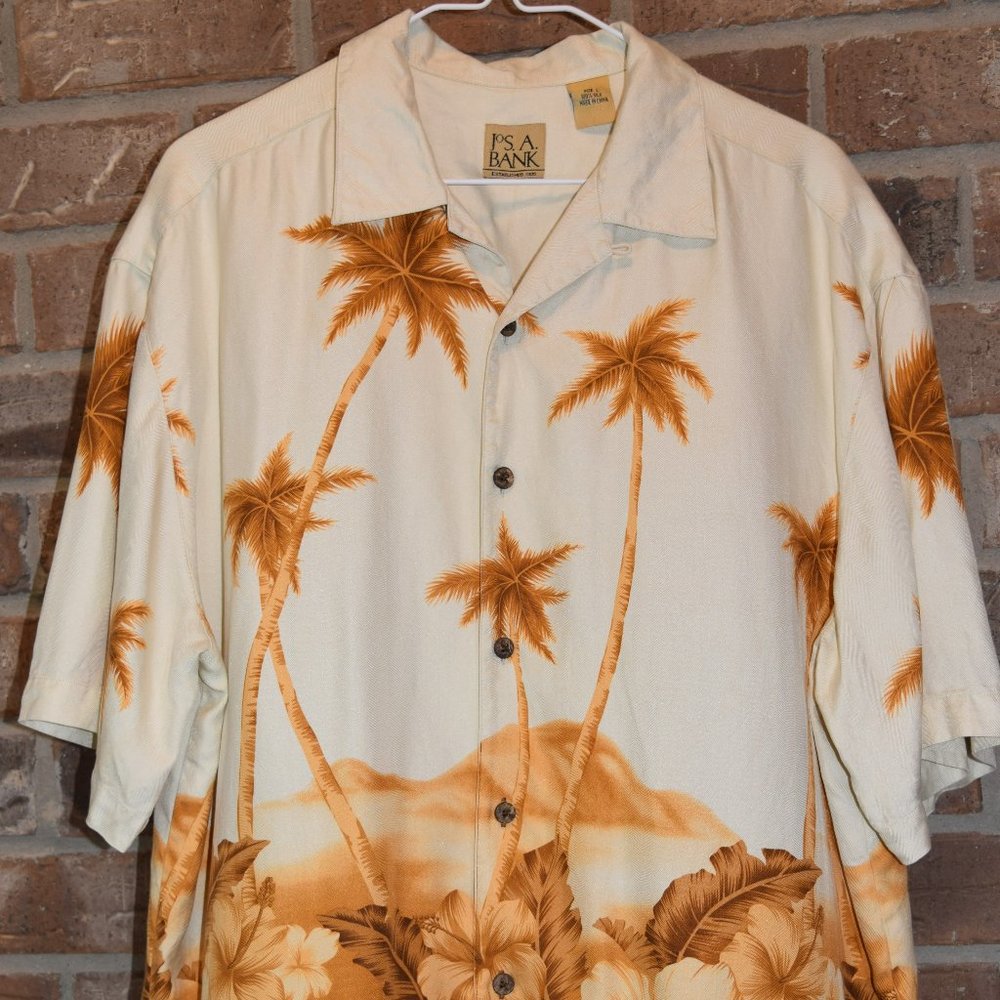 Jos A Bank Shirt Mens L Large 100% Silk Palm Tree Orchid Print Button Down